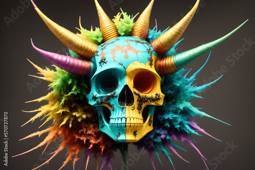 Painted human skull with colorful dreads, flowers and paint spashes, AI generated photo