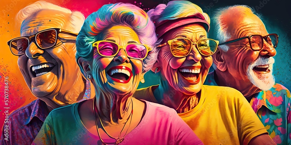 burst of vibrant aged people capturing freedom and flexibility that solid pension plan can bring allowing individuals to live life, concept of Peace of Mind, created with Generative AI technology - obrazy, fototapety, plakaty 