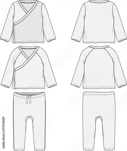 Infant Baby Toddler Long-sleeve Kimono Top and Leggings Mockup Sketch Template Technical CAD Illustration