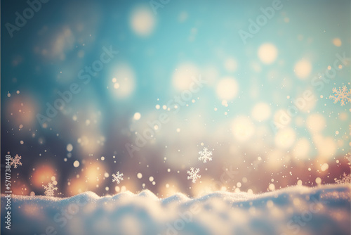 Winter snow background with snowdrifts, with beautiful light and snow flakes on the blue sky, beautiful bokeh circles ia generate