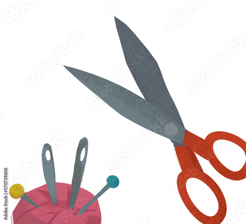 cartoon scene with tailoring tools like scissors and pin cussion illustration for children photo