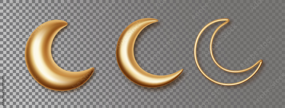 Crescent moons 3d golden decorative vector elements isolated on ...