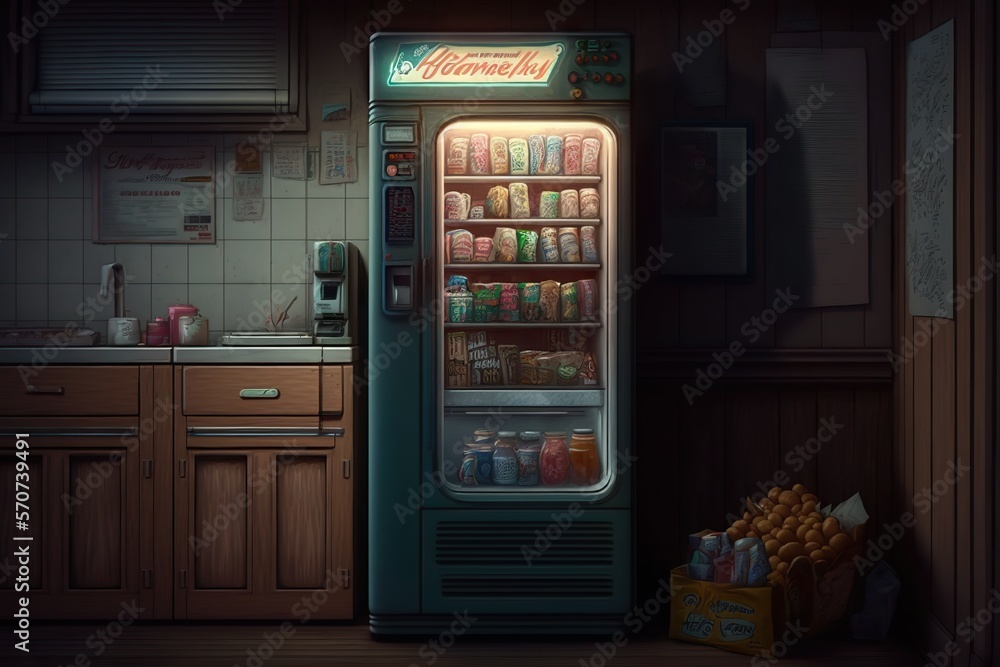 ภาพประกอบสต็อก Vending machine at night in house cozy kitchen, concept