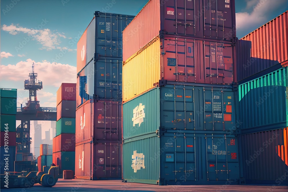 Fototapeta premium Containers in port - trade and shipping - Supply chain , generative ai