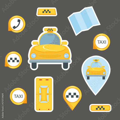 A set of Vector illustrations of the taxi service. Taxi car, taxi service, taxi related signs