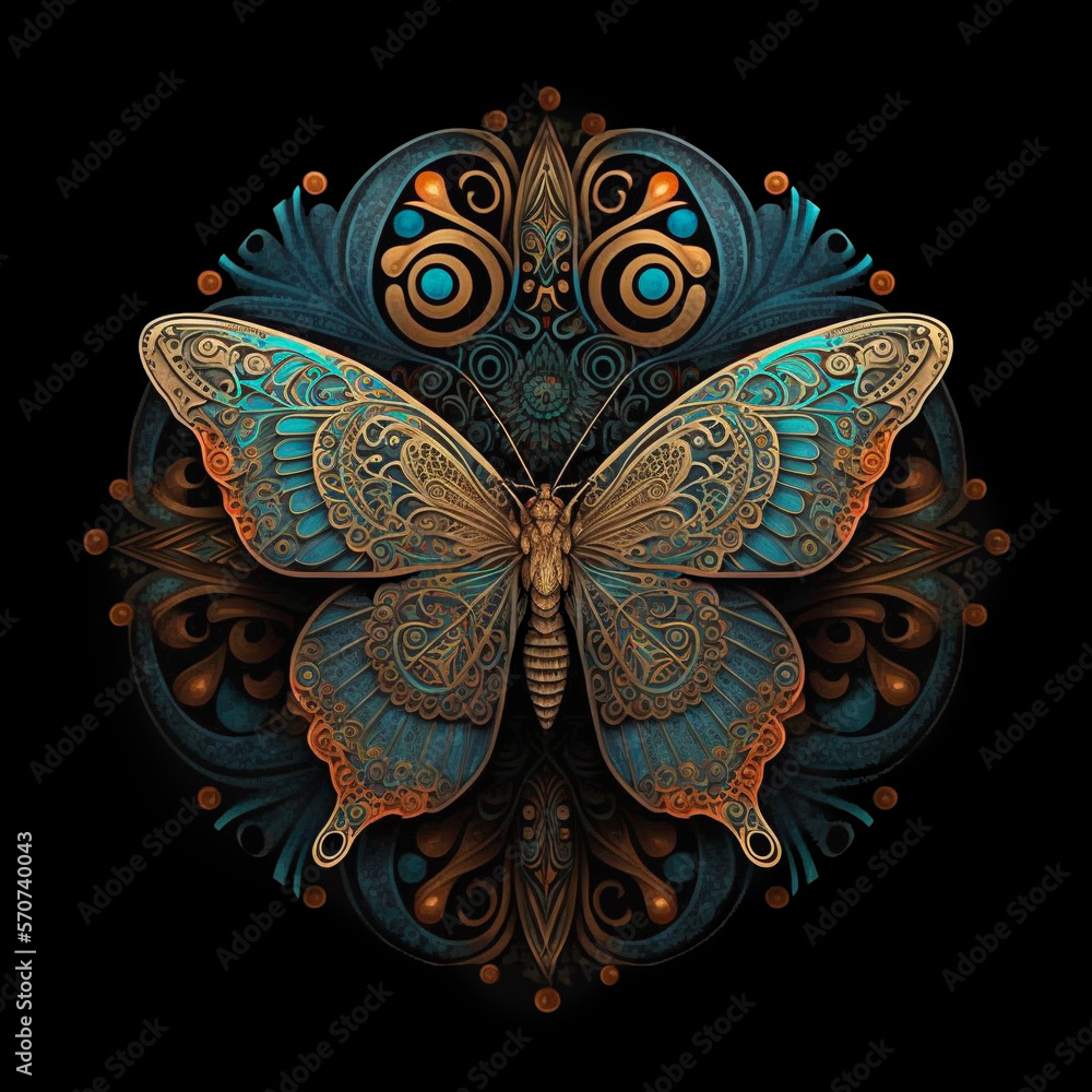 Colorful butterfly mandala art on a black background. Created with ...