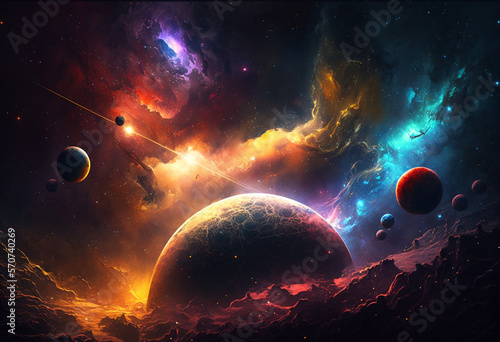 A Magnificent AI-Generated Render of the Colorful Universe: Glittering Stars, Nebulae, and Planets in an Endless Orbit