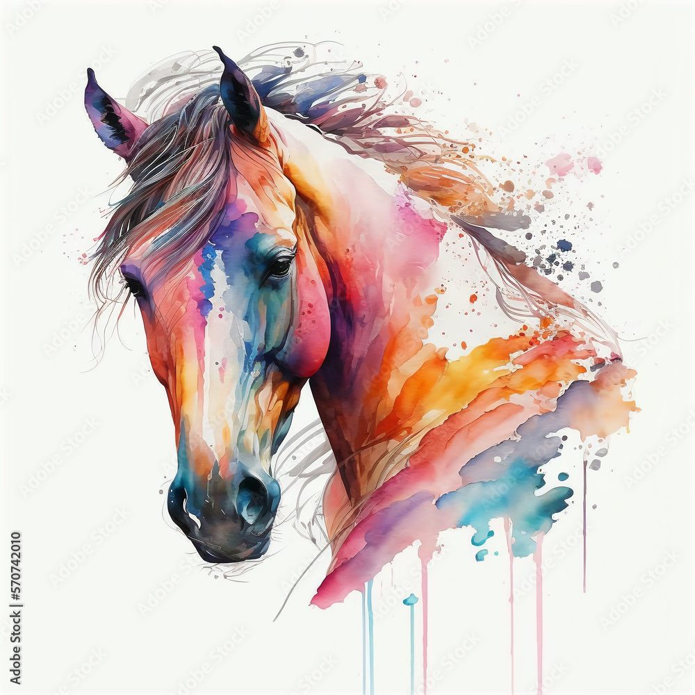 Watercolor horse portrait colorful painting. Realistic wild animal painting