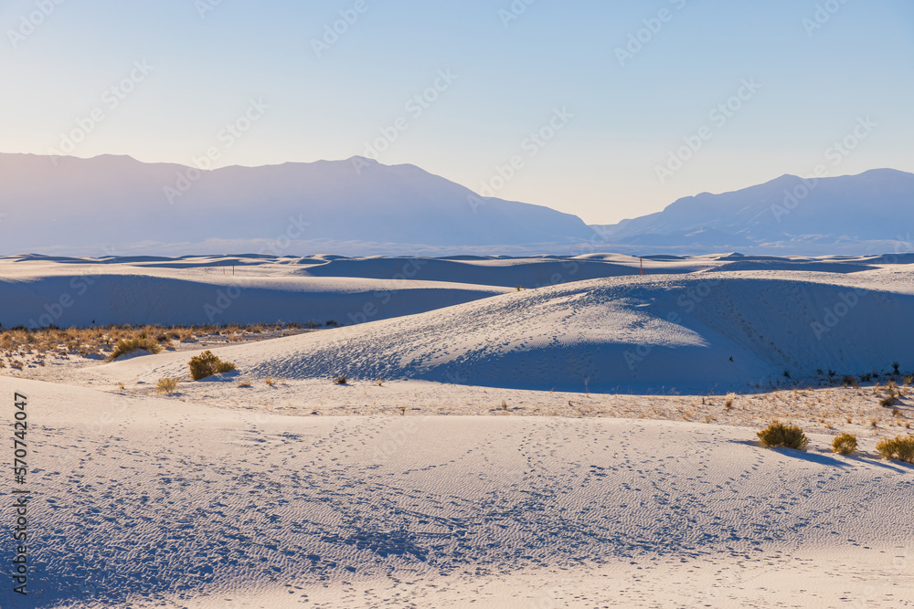 Sunny view of the landscape with some footprints in White Sands National Park