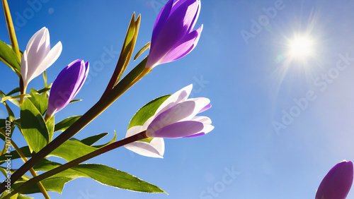 closeup of blooming violet snow crocuses flower with blue sky and shining sun as background  generative AI