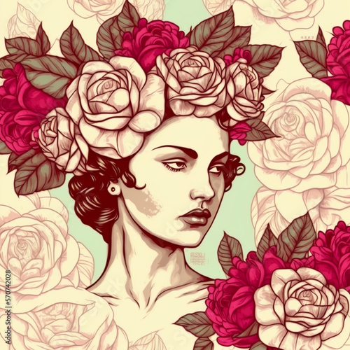 pattern of a woman with a rose crown and in between magnolias  lush on a hot pink  coloured flamingo in the color style of roses over a light pink coloured background