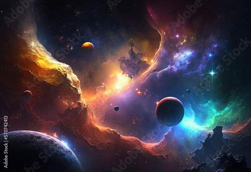 A Magnificent AI-Generated Render of the Colorful Universe: Glittering Stars, Nebulae, and Planets in an Endless Orbit