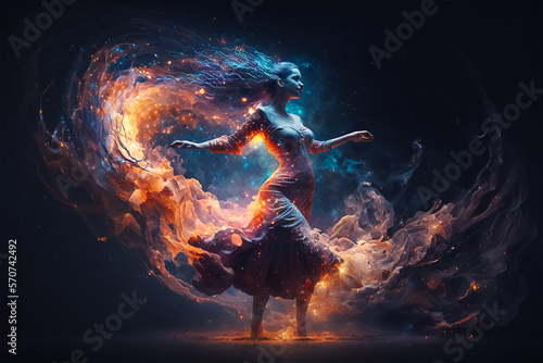 Dancing Among the fire galaxy and stars. Generative AI photo
