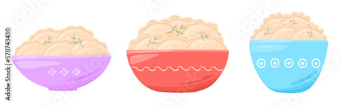 Set with varenyky dumpling pierogi in plate. Vector cartoon illustration
