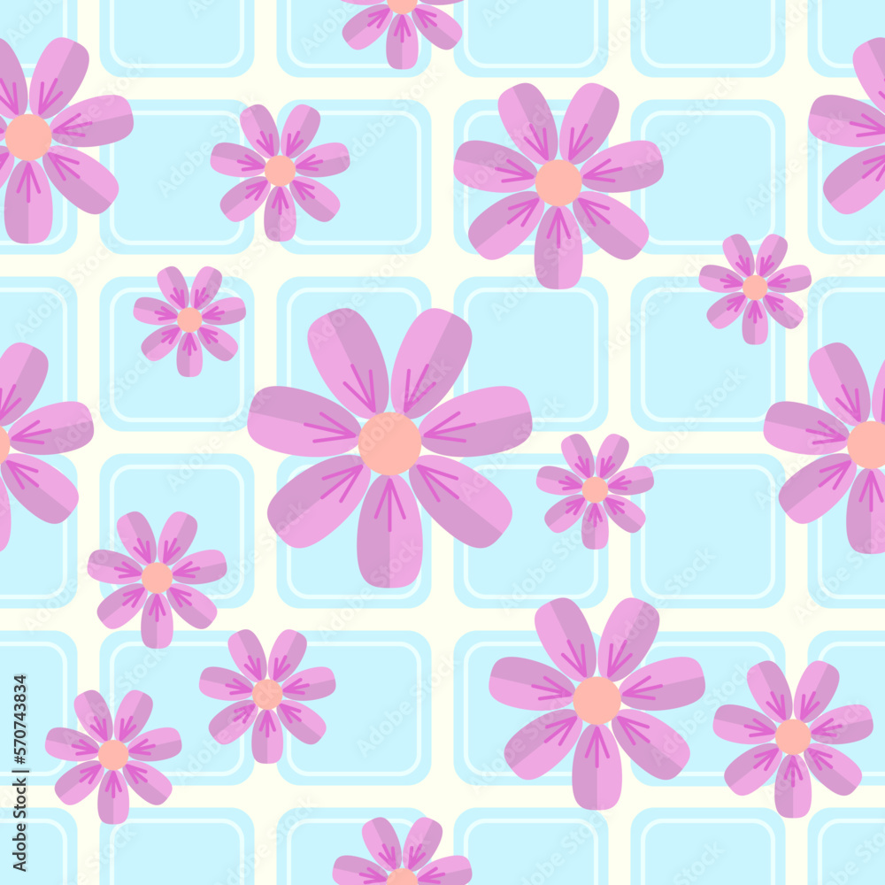 Sakura Flowers On Blue Squares. Seamless Patterns Background. Vector Illustration. Tablecloth, Picnic mat wrapper. Sakura Flowers On Blue Squares. Seamless Patterns Background. Vector Illustration. Tablecloth, Picnic mat wrapper.