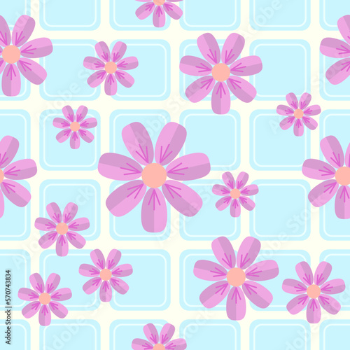 Sakura Flowers On Blue Squares. Seamless Patterns Background. Vector Illustration. Tablecloth  Picnic mat wrapper.