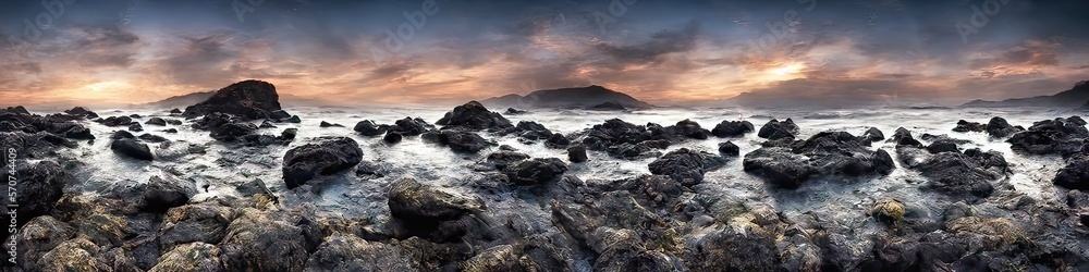 Rocky ocean shore featuring waves crashing against solid craggy stones breaching the ocean surface