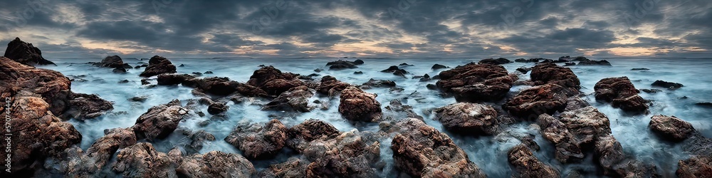 Rocky ocean shore featuring waves crashing against solid craggy stones breaching the ocean surface Rocky ocean shore featuring waves crashing against solid craggy stones breaching the ocean surface