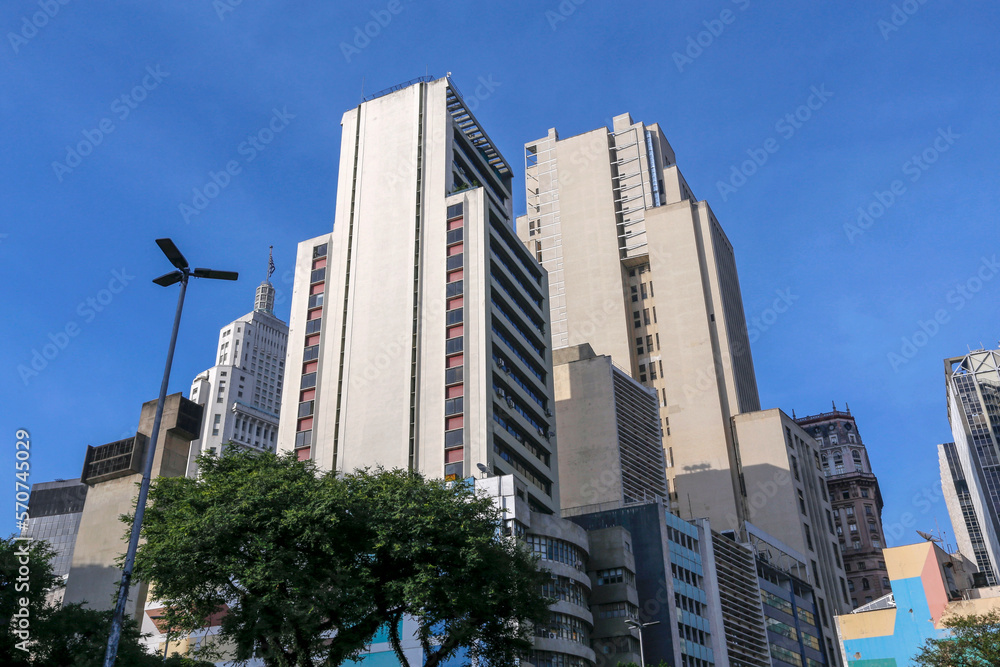 Buildings in perspective, with blue sky in Sao Paulo downtown, Brazil