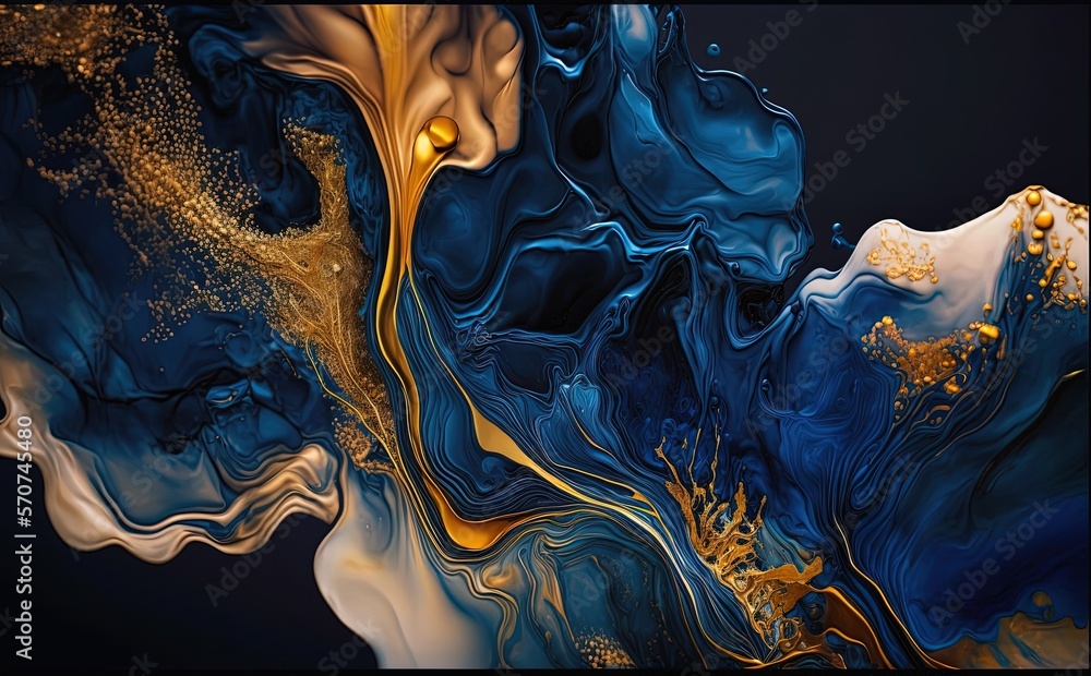 Ink idigo navy blue Gold and blue marbling abstract background - Generative AI - obrazy, fototapety, plakaty 