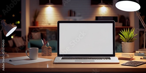 Wallpaper Mural Workspace tabletop close-up with laptop mockup and decor over blurred cozy living room at night. Generative AI. Torontodigital.ca