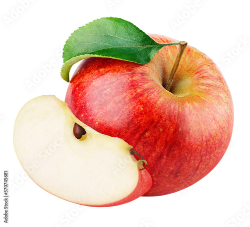 Ripe red apple fruit with apple slice with seed and green leaf isolated on transparent background