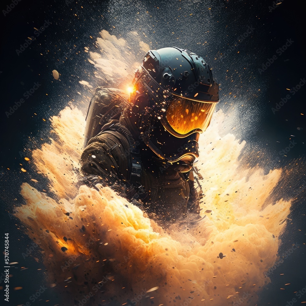moment after a grenade explodes scattering metal shrapnel and bright sparks in all directions