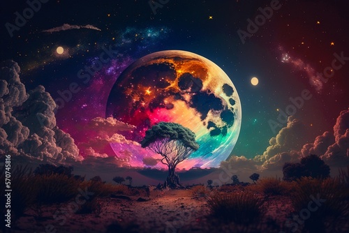 Magical night background with full moon, beautiful rainbow at starry night. Fairytale night astronomy starry night landscape. Dreamy fantasy tree and luna moon in fairy epic composition. Generative AI
