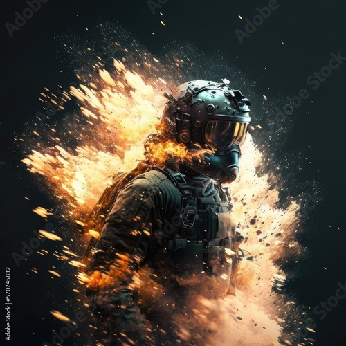 moment after a grenade explodes scattering metal shrapnel and bright sparks in all directions, Soldier with helmet diving from blast. Generative AI.  © andrenascimento