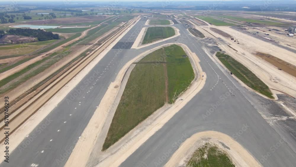Aerial drone view of the runways at the construction site of the new Western Sydney International Airport at Badgerys Creek in Western Sydney, NSW, Australia in February 2023 Aerial drone view of the runways at the construction site of the new Western Sydney International Airport at Badgerys Creek in Western Sydney, NSW, Australia in February 2023