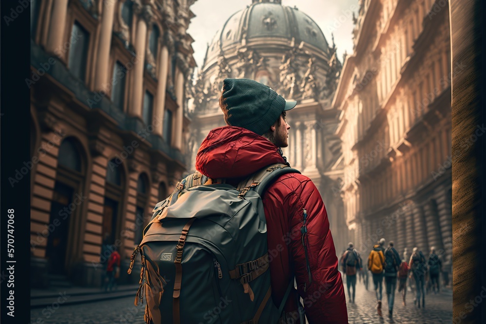 person backpacking through Europe, concept of Cultural Exploration and Adventure Travel, created with Generative AI technology
