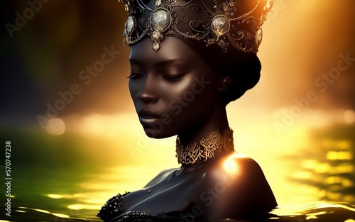 AI generation, of a black woman in the water, with her eyes closed, thinking and meditating in the lake. photo