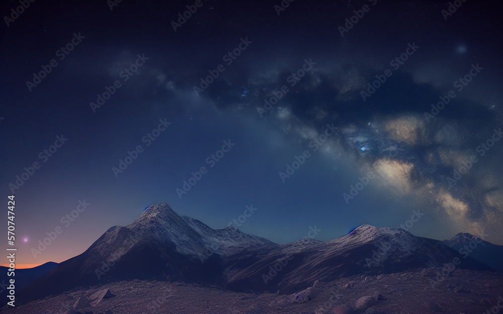 AI generation, of a large mountain in a night sky with a view of the edge of the milky way