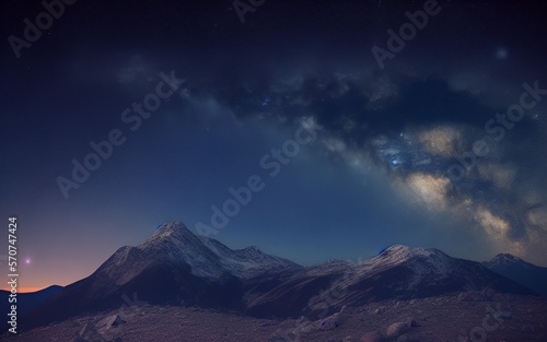 AI generation, of a large mountain in a night sky with a view of the edge of the milky way