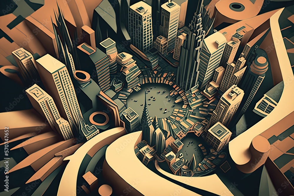 Birds eye view of city skyline with unusual shapes and patterns ...