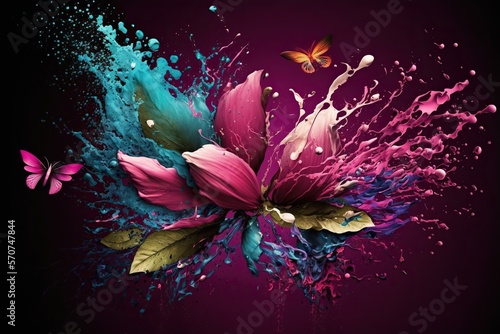 Multicolored flying flowers explode with water splashes on magenta background, concept of Vibrant and Movement, created with Generative AI technology