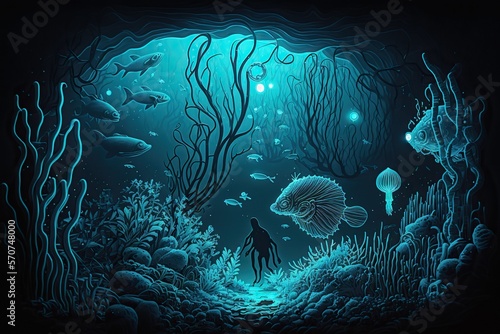 Deep-sea environment with strange creatures and bioluminescent plants glowing in dark, concept of Mysterious and Unfamiliar, created with Generative AI technology © koldunova