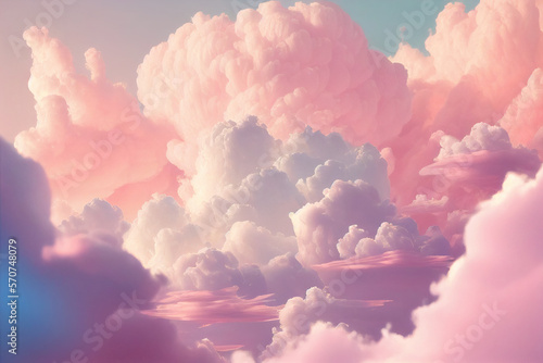 Background of fluffy baby pink pastel cotton candy clouds in the sky. Generative AI  