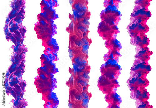 A collection of five pillars of bright paint thrown into the water on a transparent background. AI generated. 