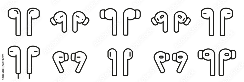  Headphones icon set. Earphones icon collection. Earbuds icons. AirPods vector icons. Flat vector earphones. - obrazy, fototapety, plakaty 