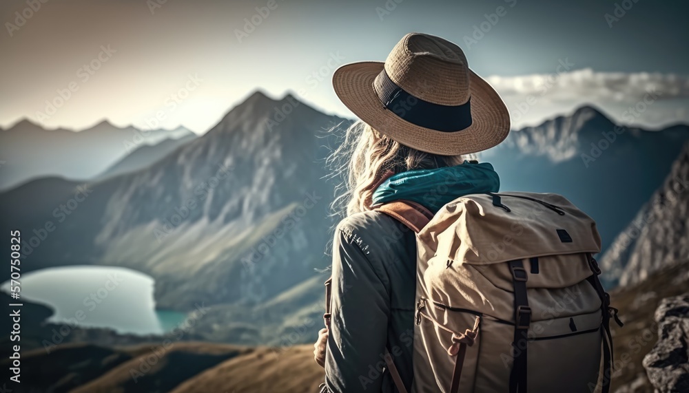 woman with a hat and backpack looking at the mountains and lake from the top of a mountain in the sun light, with a view of the mountains woman with a hat and backpack looking at the mountains and lake from the top of a mountain in the sun light, with a view of the mountains