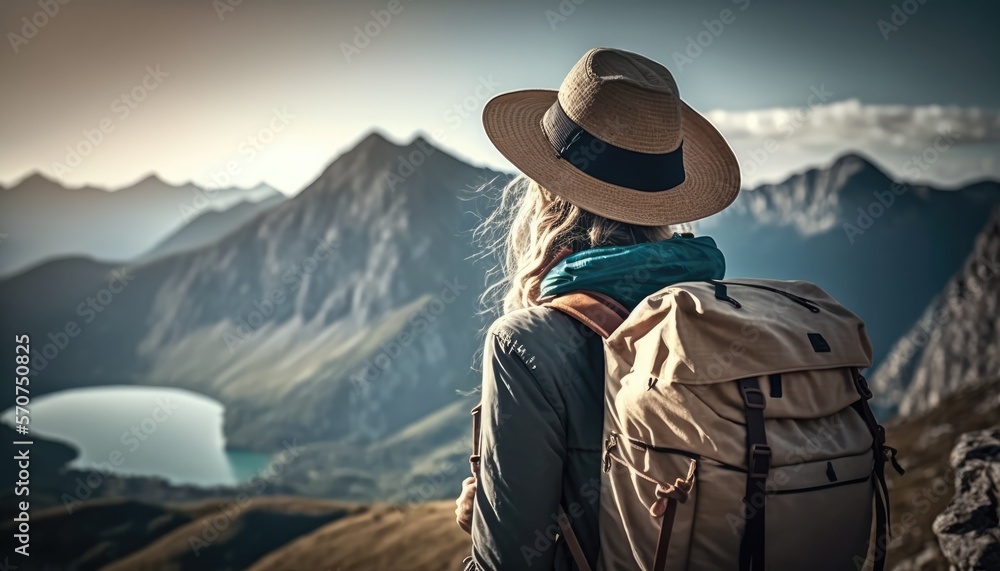 woman with a hat and backpack looking at the mountains and lake from the top of a mountain in the sun light, with a view of the mountains