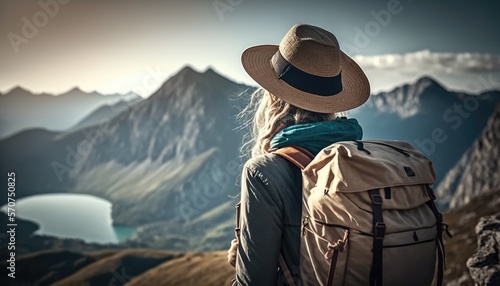woman with a hat and backpack looking at the mountains and lake from the top of a mountain in the sun light, with a view of the mountains © Adriana