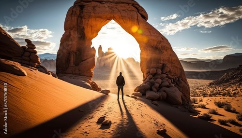 Man standing in the middle of a desert near a rock arch with the sun shining through the arch in the distance, with a mountain in the background. Generative AI photo