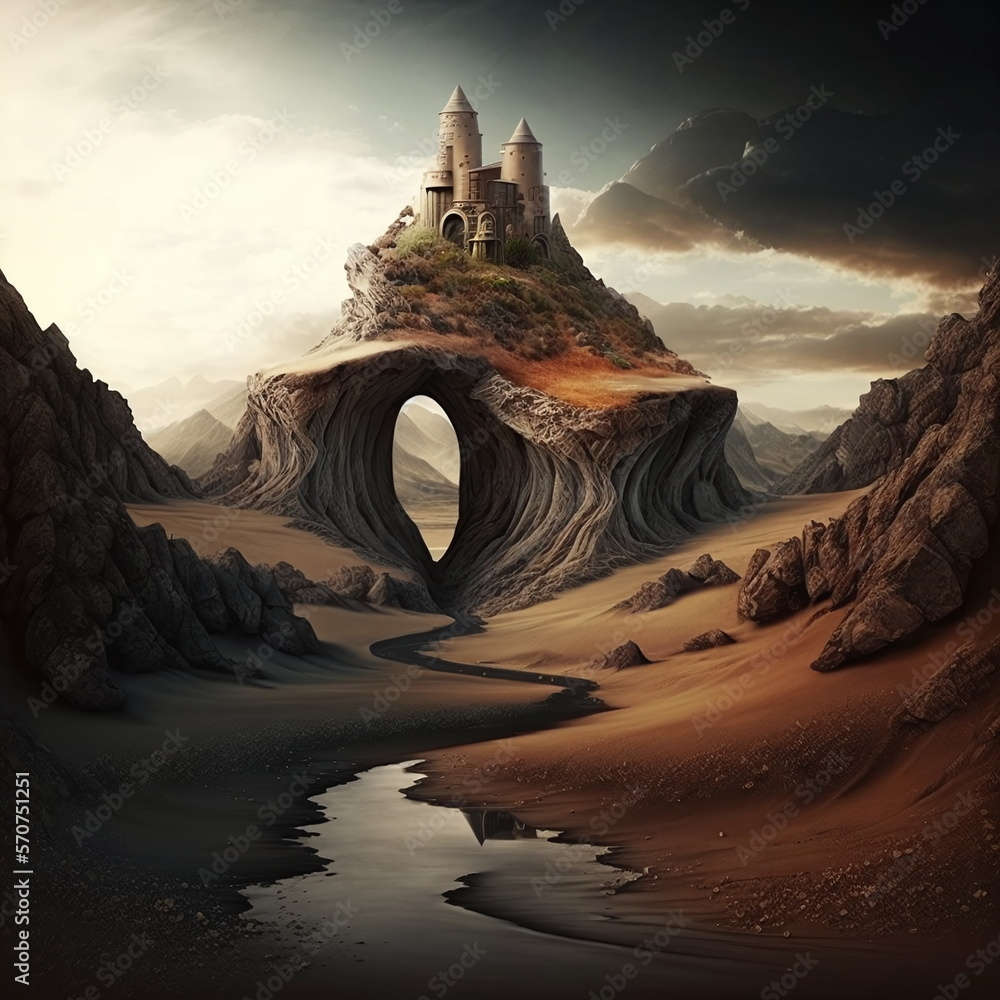 Fantasy illustration of a castle in the sky that sits on mountains high ...
