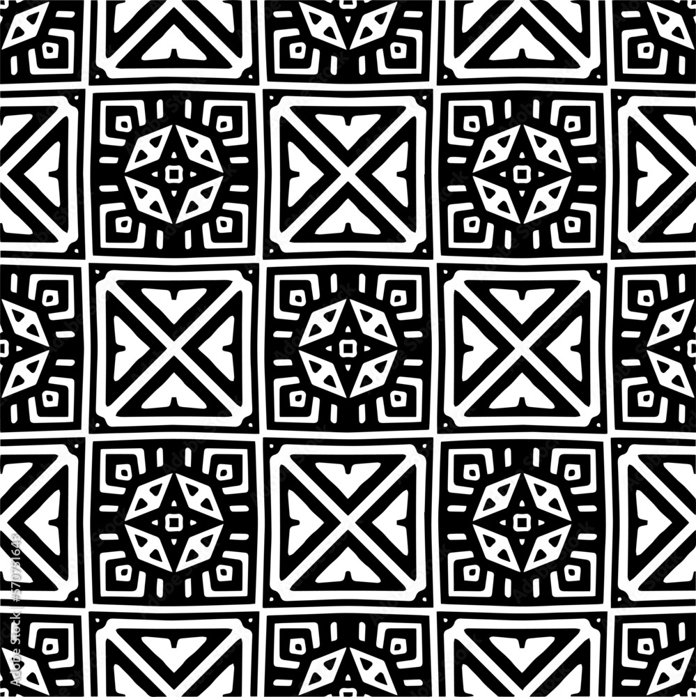 Vector geometric traditional folk ornament. Ethnic seamless pattern. Minimal ornamental background with abstract shapes. Black and white texture. Dark repeat design. Vector geometric traditional folk ornament. Ethnic seamless pattern. Minimal ornamental background with abstract shapes. Black and white texture. Dark repeat design.