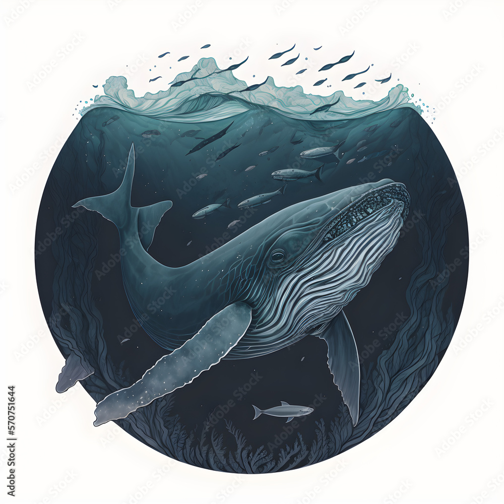 illustration of a whale in the water, deep ocean, sea animals, bottom ...