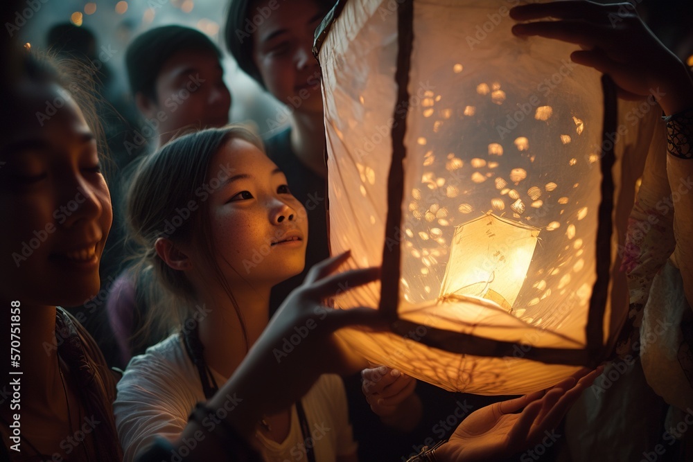 Asian People Launch Flying Paper Lanterns During A Traditional Festival