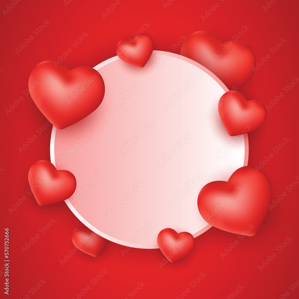 Happy Valentine's Day Background with Realistic Hearts frame, red color Vector graphic