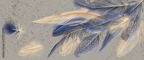 Art wallpaper with golden and blue feathers. Modern creative design watercolor texture for home decor, banners, and prints. Vector illustration.